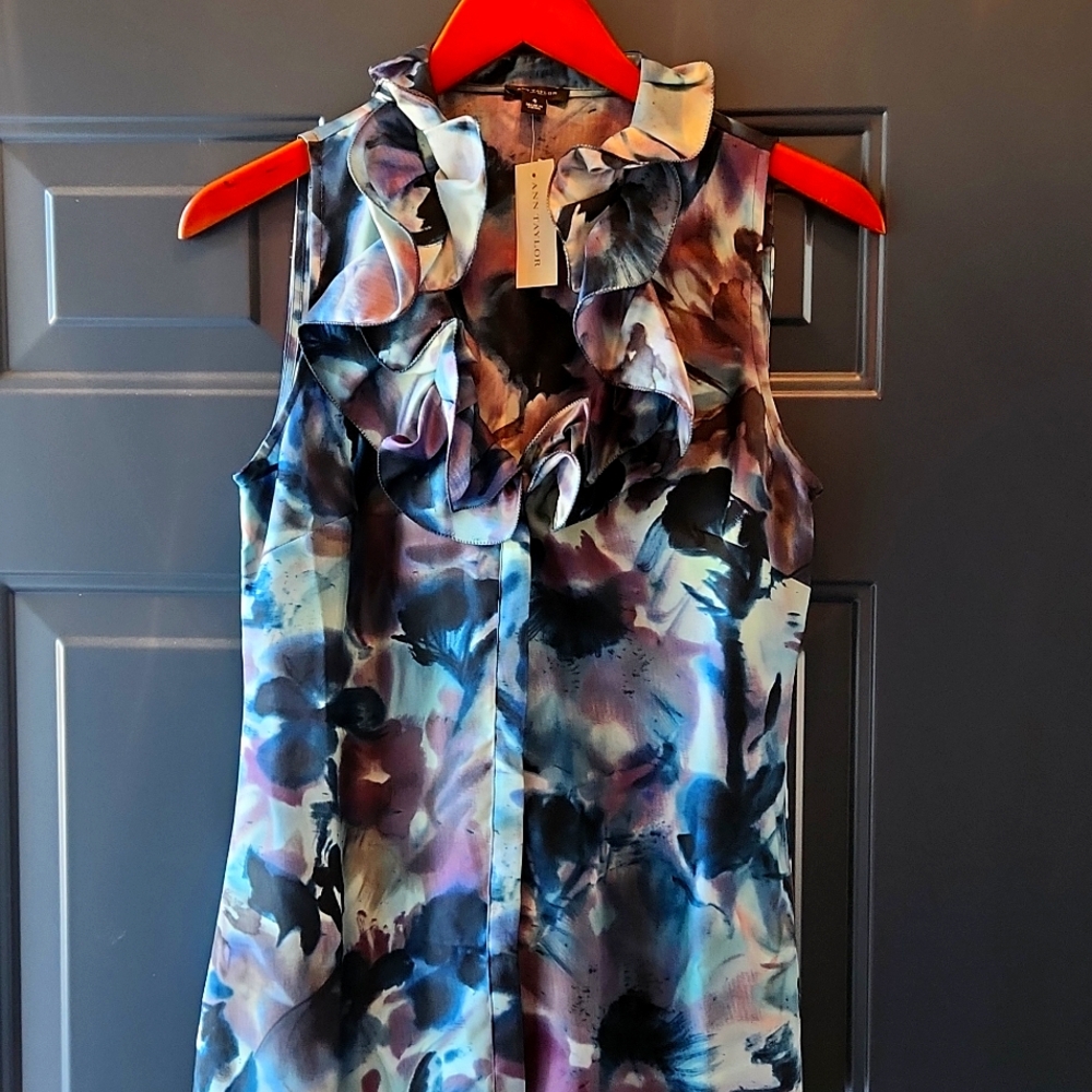 NEW,  Silk, sleeveless blouse, Ruffle Detail.